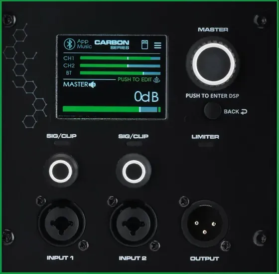 Panneau arrière du CARBON15A : écran DSP et connectique